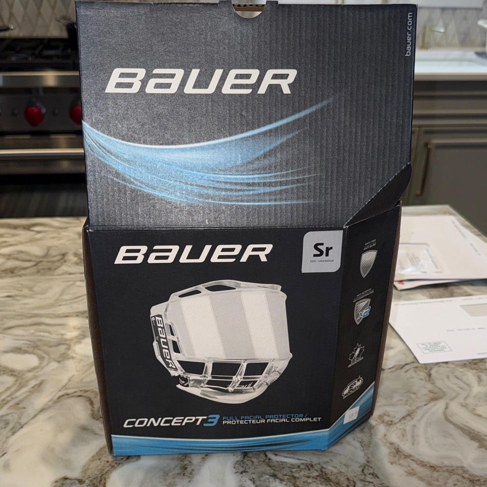 Bauer Concept3 Full Face Protector in White with Blue Accents